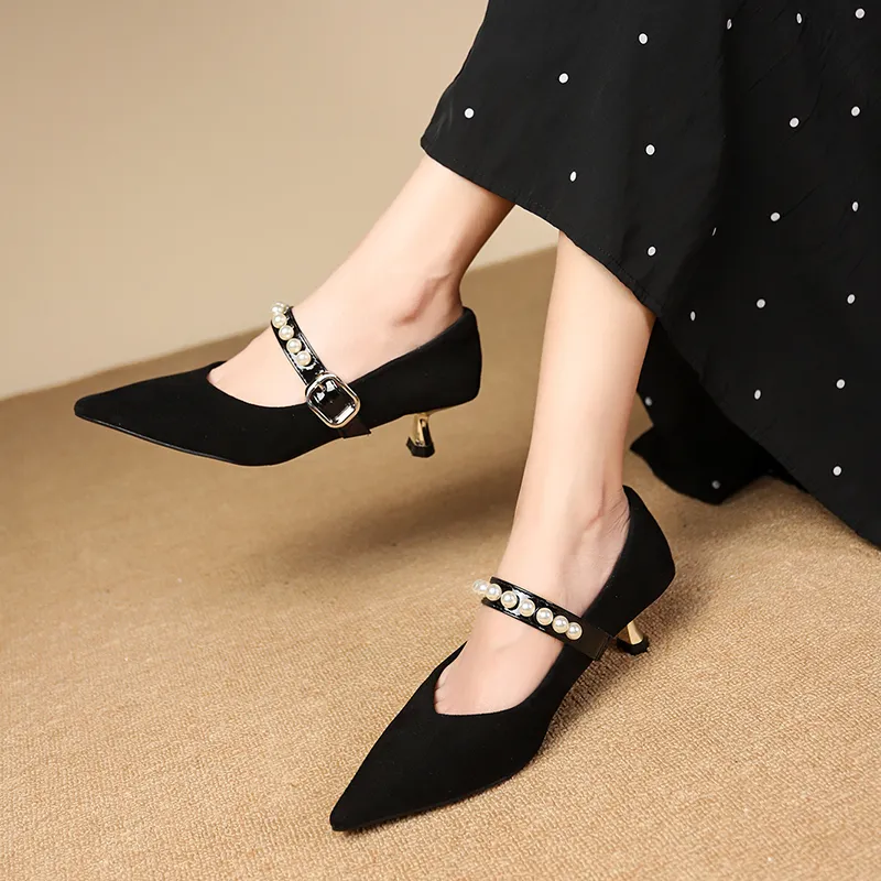WUJI Slim Heel High Heels 5cm Women's Black-1
