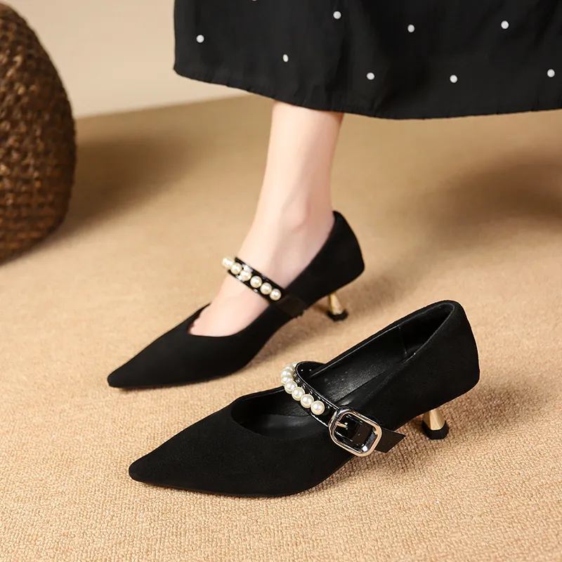 WUJI Slim Heel High Heels 5cm Women's Black-3