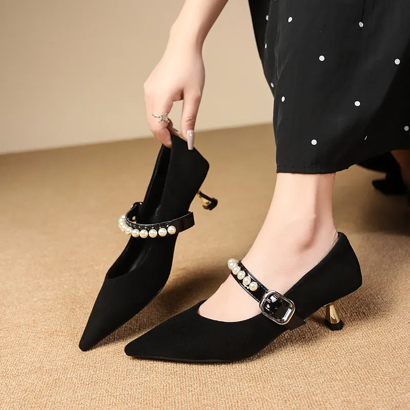 WUJI Slim Heel High Heels 5cm Women's Black-2