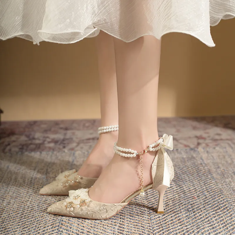 WUJI Slim Heel High Heels 6cm Women's Champagne Gold-4