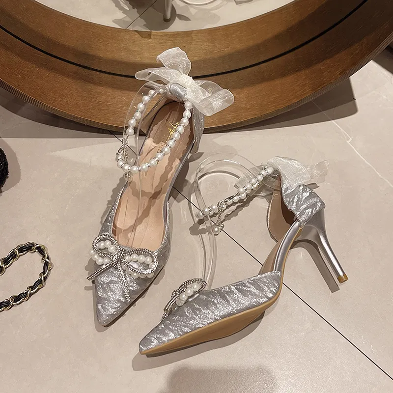 WUJI Slim Heel High Heels Women's Silver-3