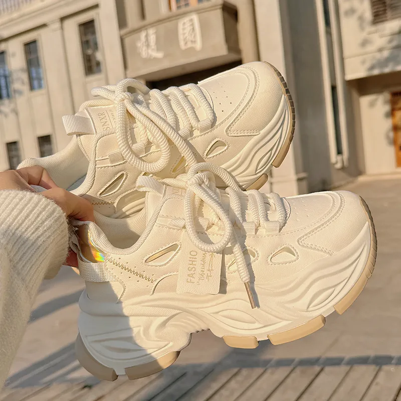 Shen Linsen Cushioning, Slip Resistant, And Abrasion Resistant Low Top Chunky Sneakers Women's Beige Gold-5