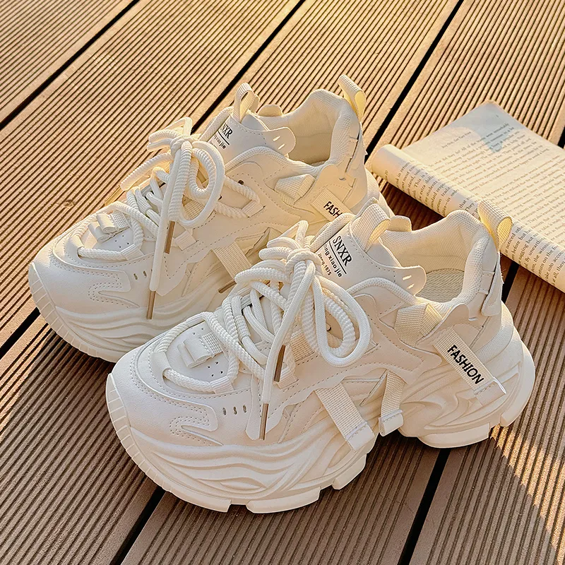 Shen Linsen Anti Slip Wear Resistant Low Top Chunky Sneakers Women's Beige-4