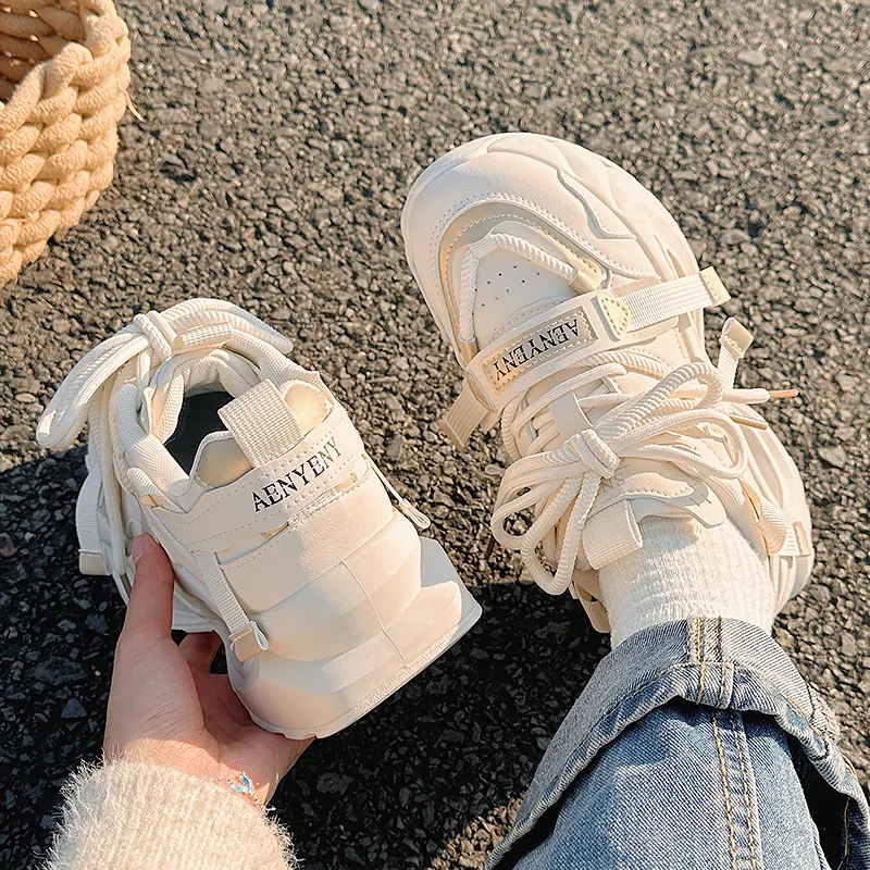 Shen Linsen Anti Slip Wear Resistant Low Top Chunky Sneakers Women's Beige Gold-1
