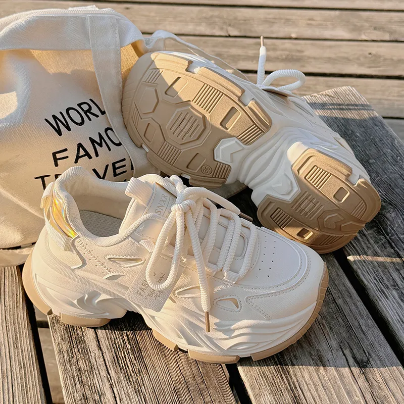 Shen Linsen Cushioning, Slip Resistant, And Abrasion Resistant Low Top Chunky Sneakers Women's Beige Gold-7