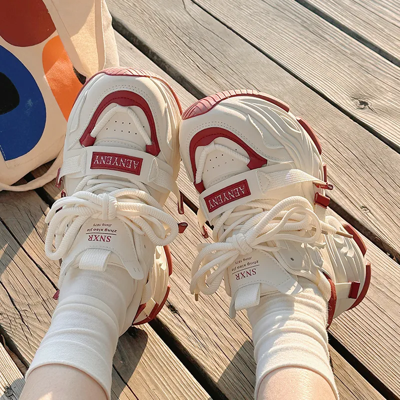 Shen Linsen Cushioning, Slip Resistant, And Abrasion Resistant Low Top Chunky Sneakers Women's Beige Red-7