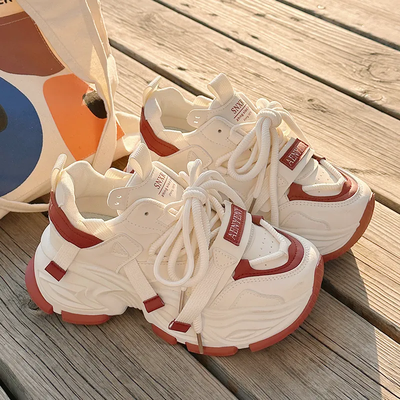 Shen Linsen Cushioning, Slip Resistant, And Abrasion Resistant Low Top Chunky Sneakers Women's Beige Red-1