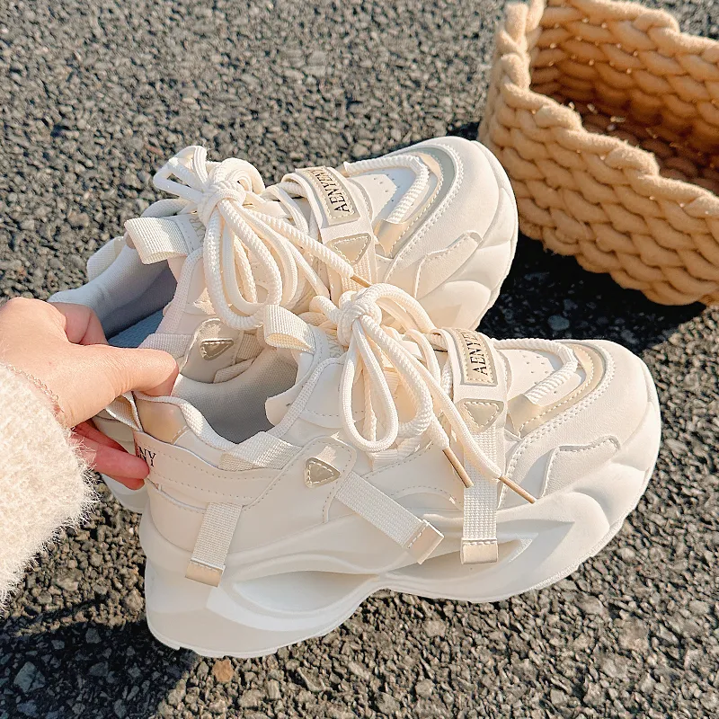 Shen Linsen Anti Slip Wear Resistant Low Top Chunky Sneakers Women's Beige Gold-5