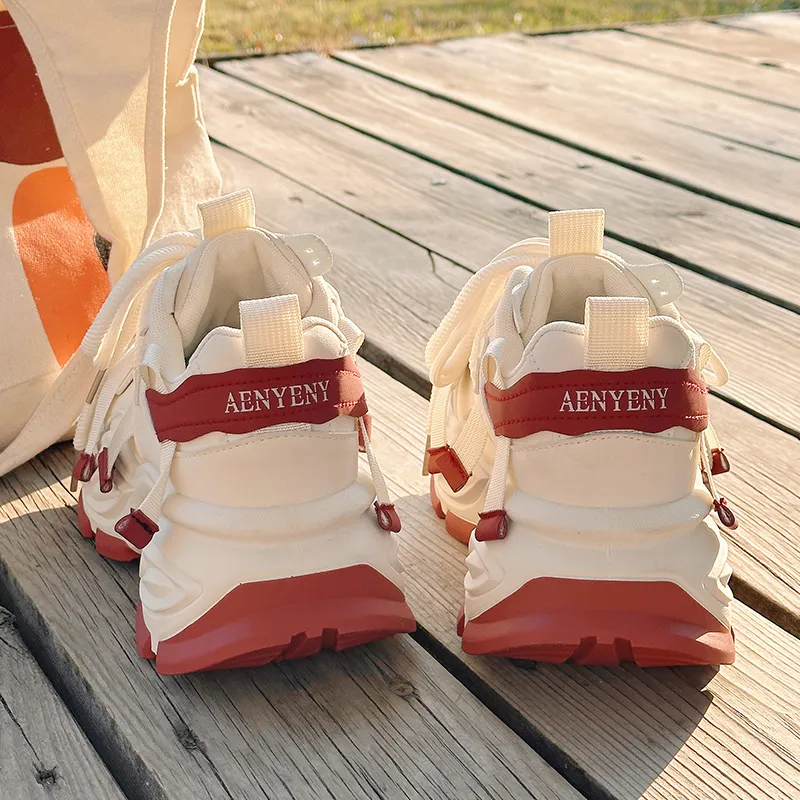 Shen Linsen Cushioning, Slip Resistant, And Abrasion Resistant Low Top Chunky Sneakers Women's Beige Red-3