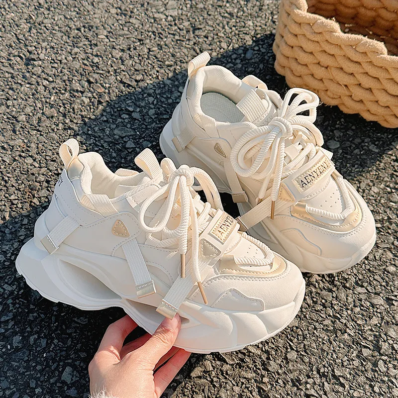 Shen Linsen Anti Slip Wear Resistant Low Top Chunky Sneakers Women's Beige Gold-3