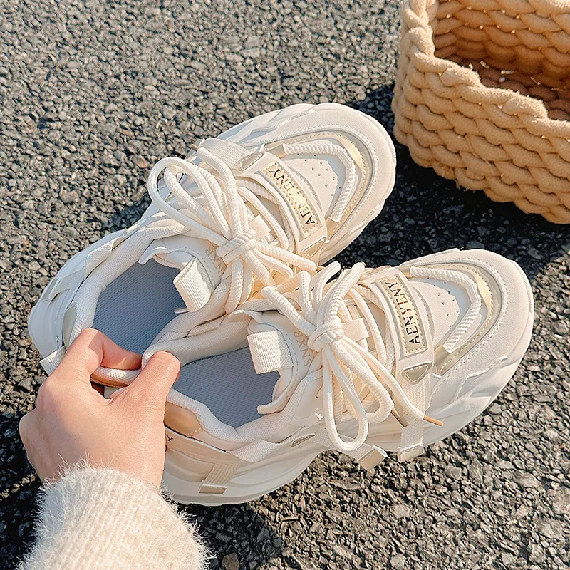 Shen Linsen Anti Slip Wear Resistant Low Top Chunky Sneakers Women's Beige Gold-4