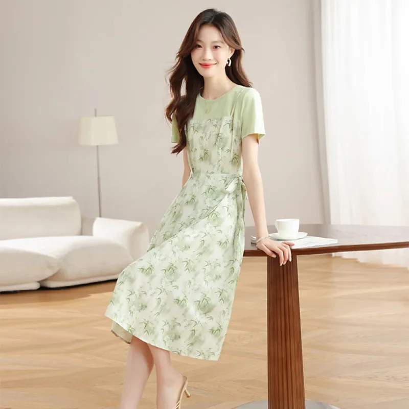 Ning Cai Yuer Short Sleeved Dress Women's Bamboo Leaf Green-3