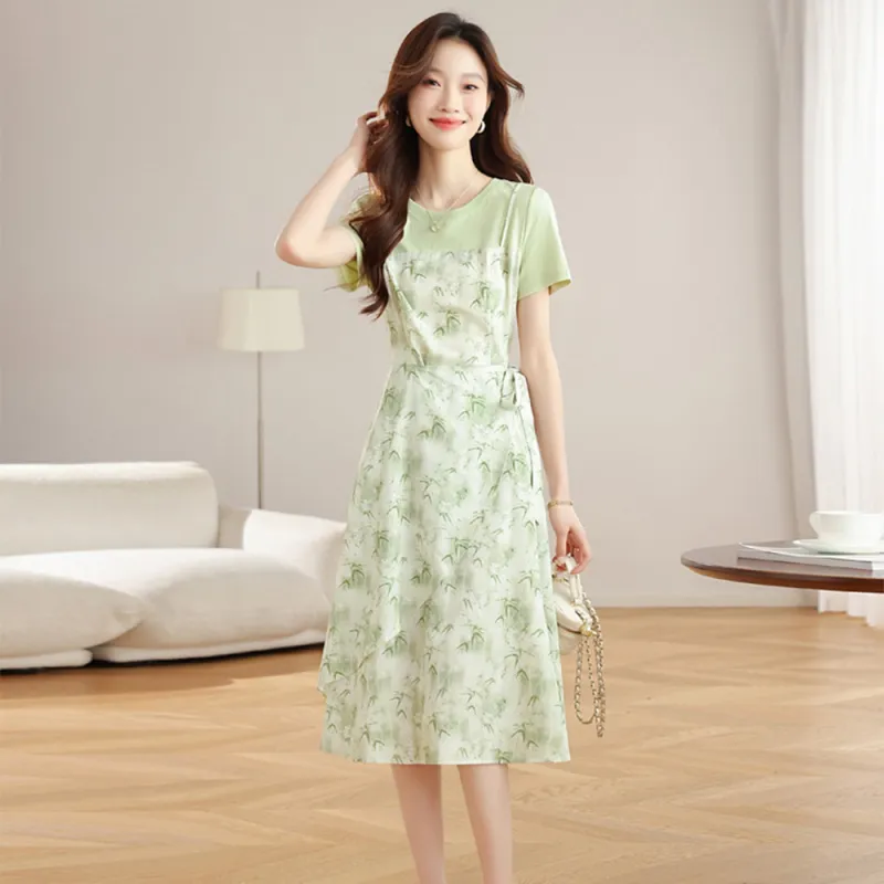 Ning Cai Yuer Short Sleeved Dress Women's Bamboo Leaf Green-2