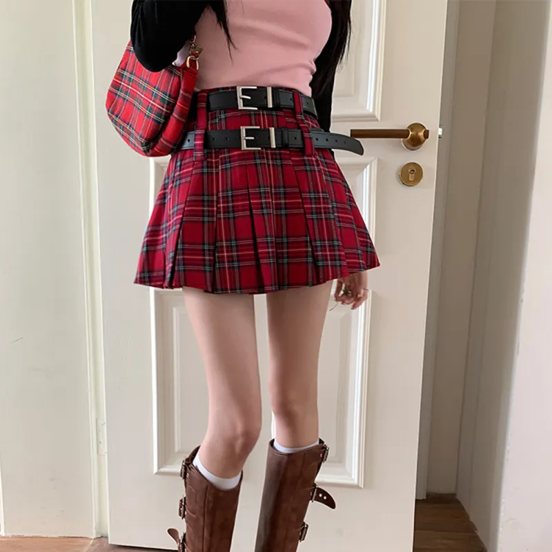 Ning Cai Yuer Casual Short Skirts Women's Red Pleated Skirt-3