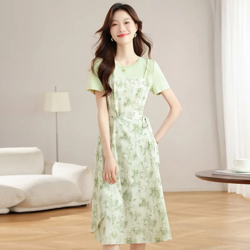 Ning Cai Yuer Short Sleeved Dress Women's Bamboo Leaf Green-7
