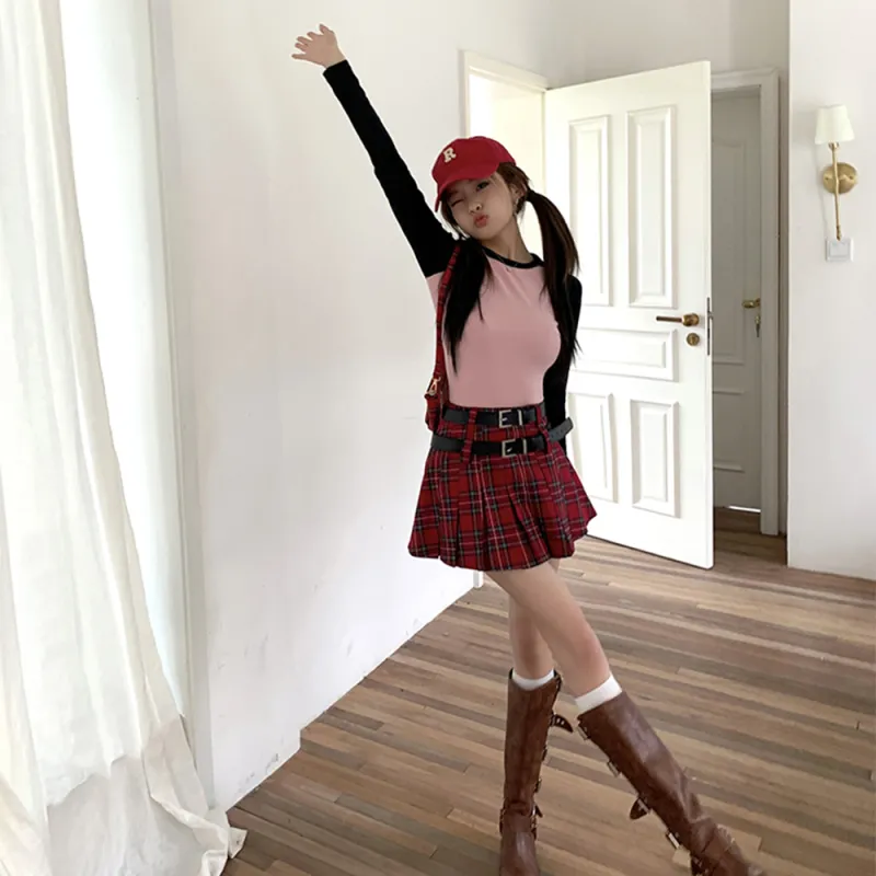 Ning Cai Yuer Casual Short Skirts Women's Red Pleated Skirt-4