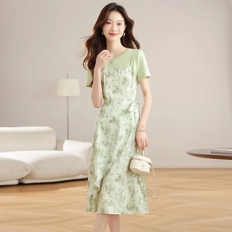 Ning Cai Yuer Short Sleeved Dress Women's Bamboo Leaf Green-4