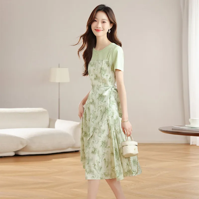 Ning Cai Yuer Short Sleeved Dress Women's Bamboo Leaf Green-6
