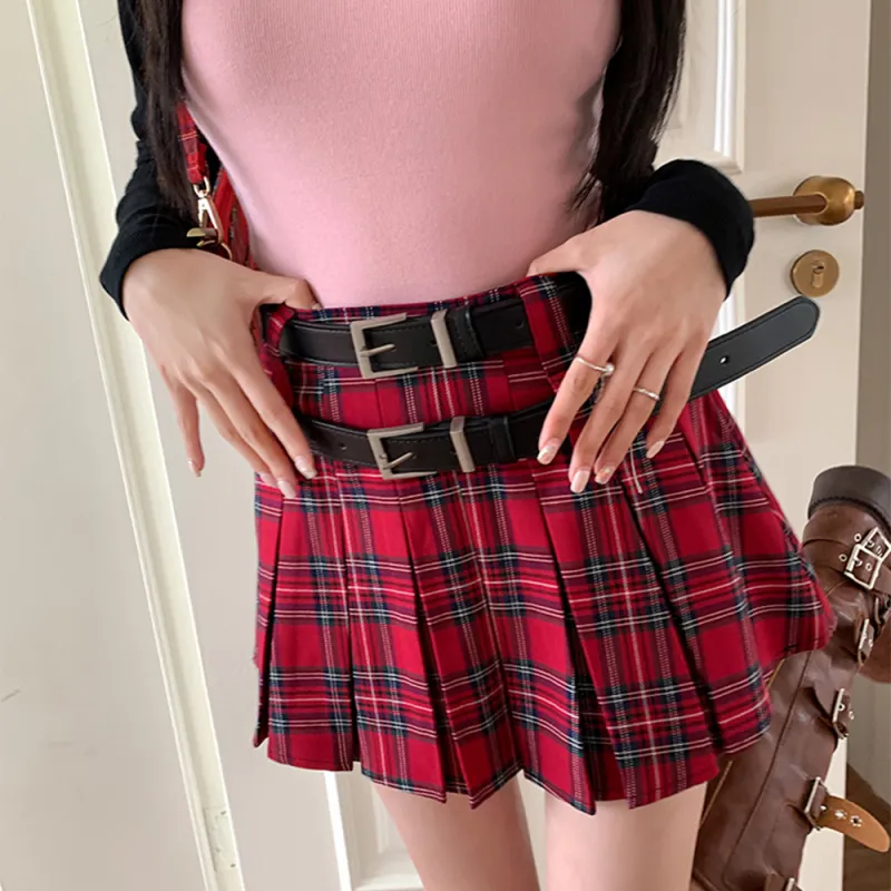 Ning Cai Yuer Casual Short Skirts Women's Red Pleated Skirt-5