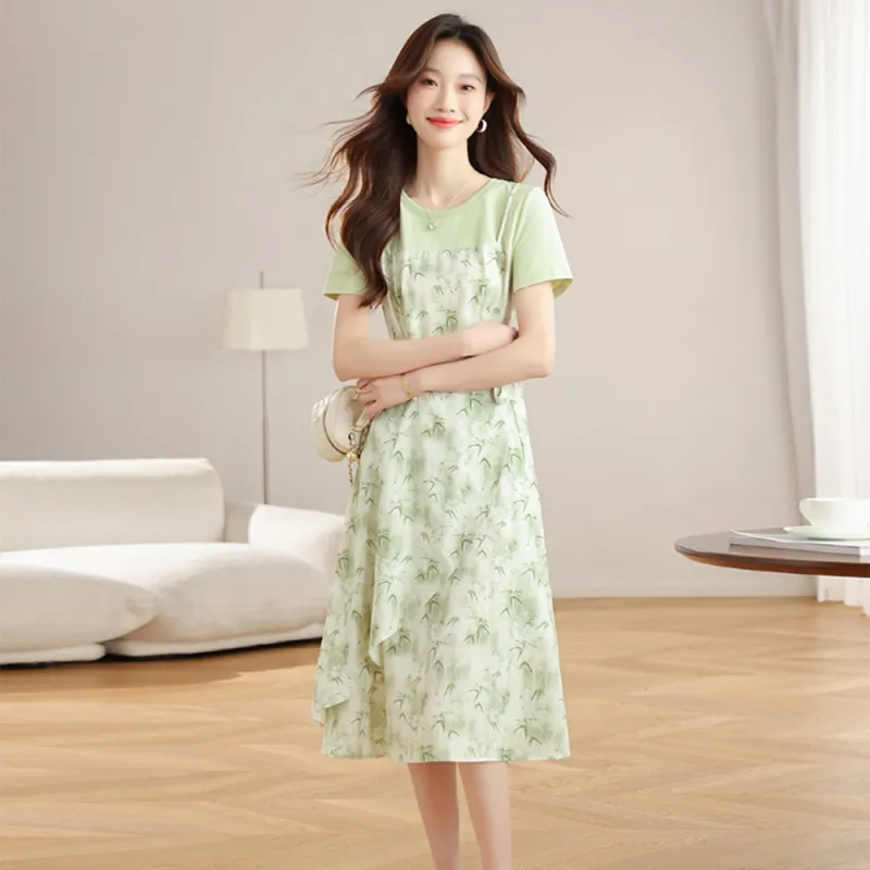 Ning Cai Yuer Short Sleeved Dress Women's Bamboo Leaf Green-5