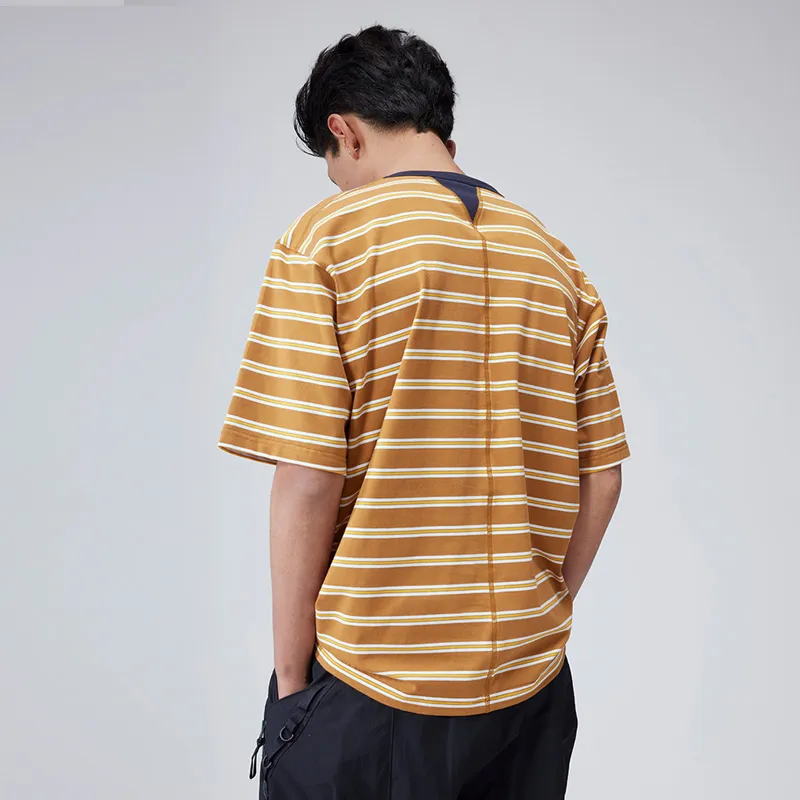 SET FUNS Brand Logo Multicolor Stripes Off The Shoulder 3/4 Short Sleeved T Shirt Men's Summer-2