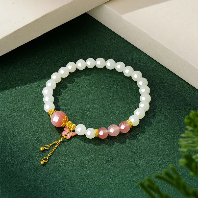 CHOW TAI SENG Niche National Trend Romantic Commuter Hetian Jade Beaded Bracelet White Jade Women's-3