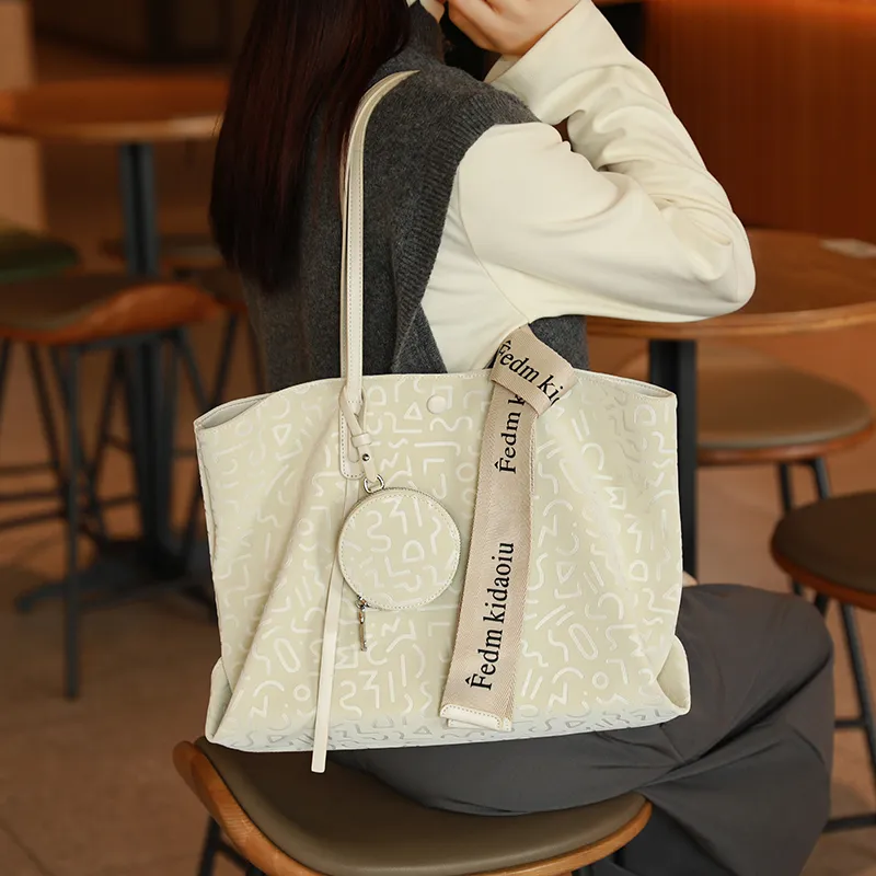 H YXIANG Microfiber Synthetic Leather Tote Bag Shoulder Bag Women's Ecru/Pink-6
