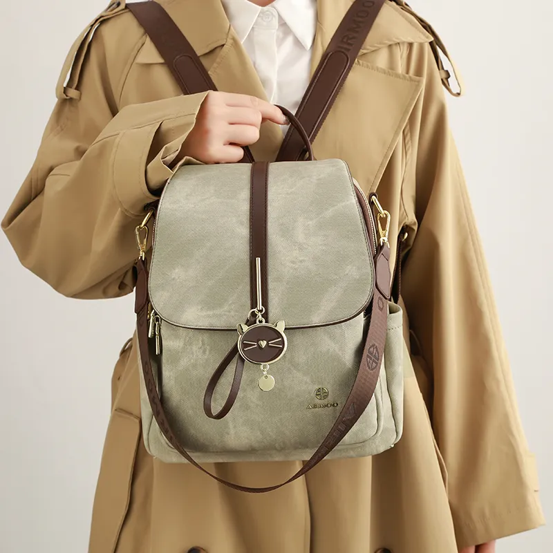 H YXIANG Microfiber Synthetic Leather Backpack Women's Green-3