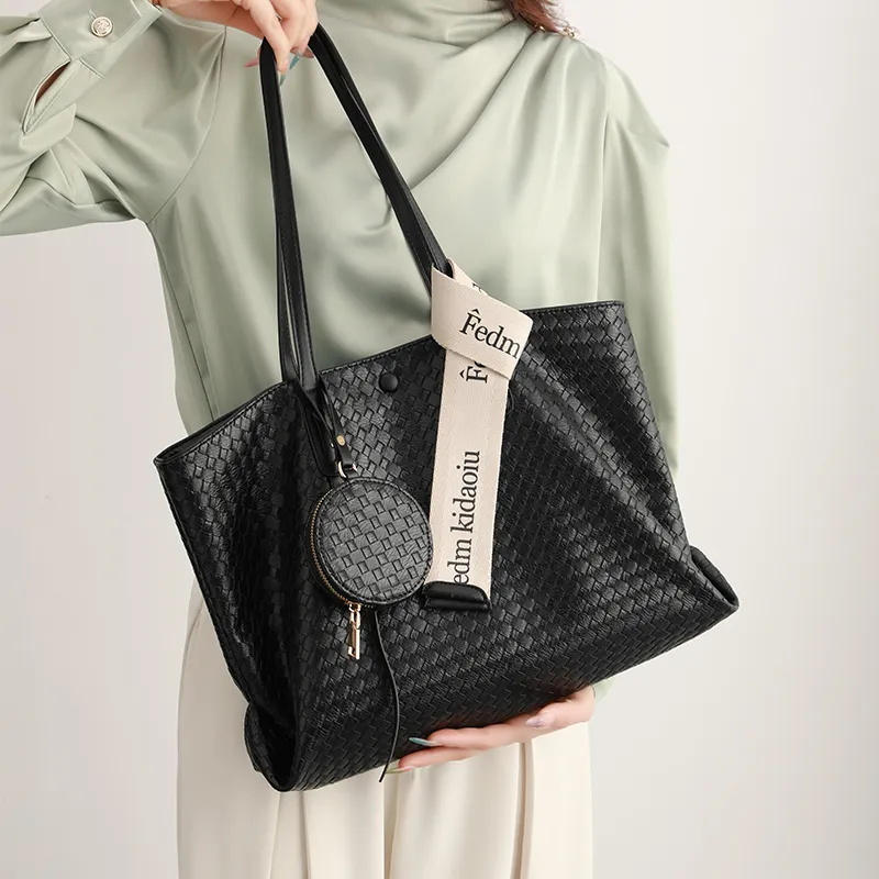 H YXIANG Microfiber Synthetic Leather Tote Bag, Shopping Bag, Shoulder Bag Women's Black-7