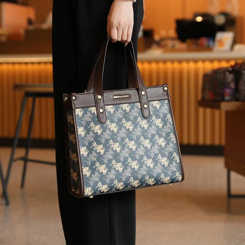 H YXIANG Microfiber Synthetic Leather Tote Bag Shopping Bag Handbag Women's Blue-5