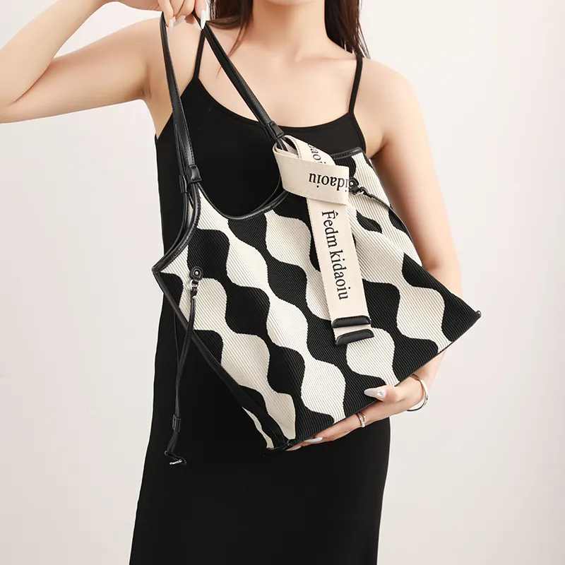 H-YXIANG Microfiber Synthetic Leather Tote Bag Shoulder Bag Women's Black White Color Blocking-4