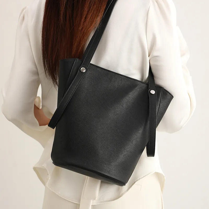 H YXIANG Microfiber Synthetic Leather Bucket Bag Handbag Women's Black-2