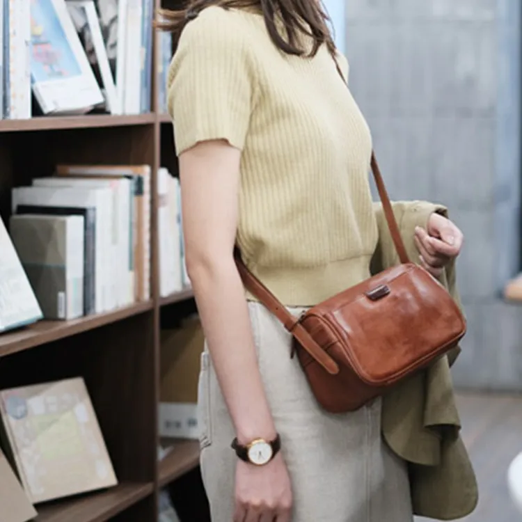 H YXIANG Imported Top Grain Vegetable Tanned Cow Leather Crossbody Bags Shoulder Bags Women's Black/Brown-9