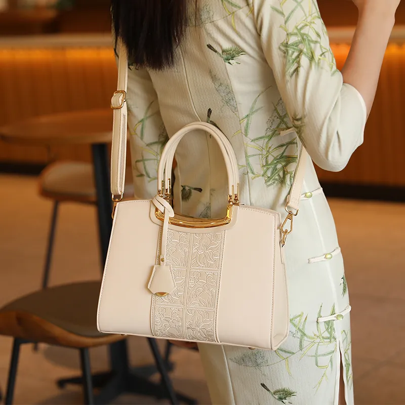 H YXIANG Microfiber Synthetic Leather Tote Bag Shopping Bag Handbag Women's Ecru-6