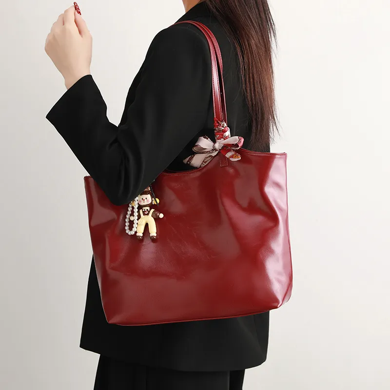 H YXIANG Microfiber Synthetic Leather Tote Bag Shoulder Bag Women's Red-3