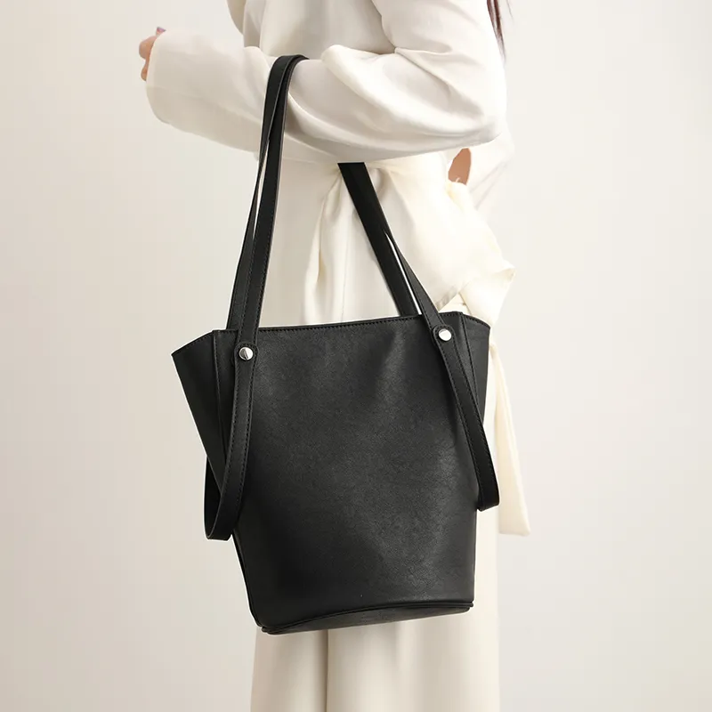 H YXIANG Microfiber Synthetic Leather Bucket Bag Handbag Women's Black-1