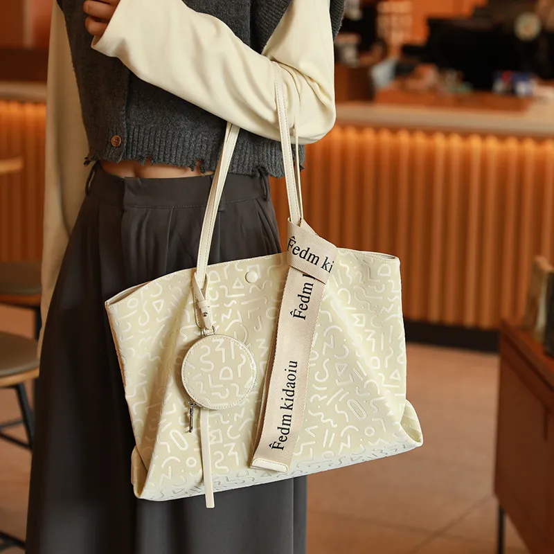 H YXIANG Microfiber Synthetic Leather Tote Bag Shoulder Bag Women's Ecru/Pink-2