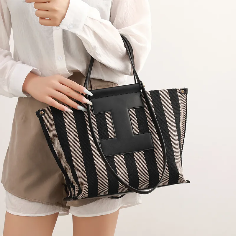 H YXIANG Canvas Tote Bag Shopping Bag Canvas Bag One Shoulder Handbag Women's Black-4