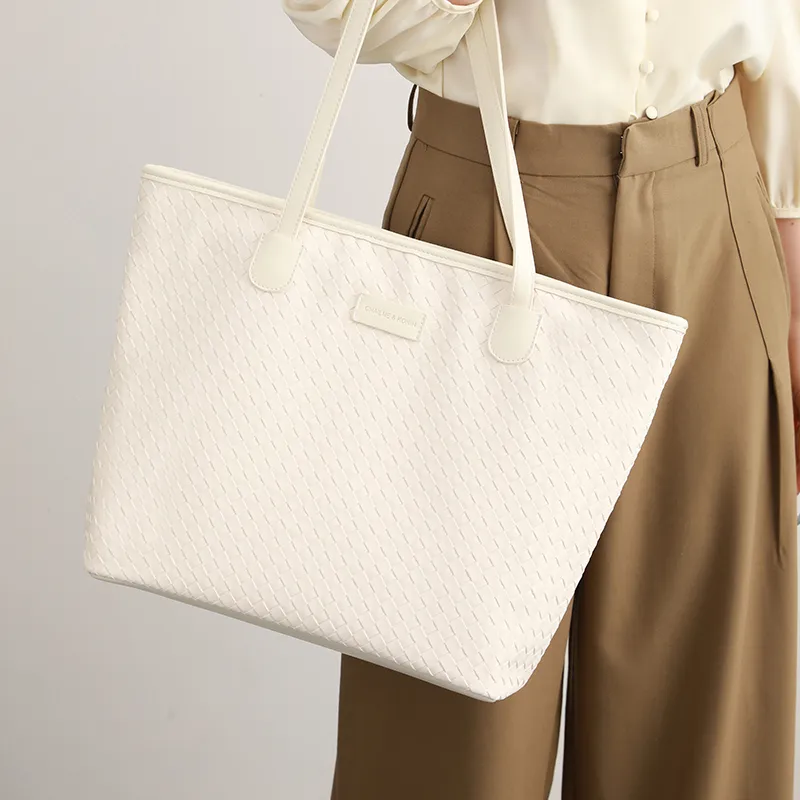 H YXIANG Synthetic Leather Tote Handbag, Shoulder Bag Women's Ecru-3