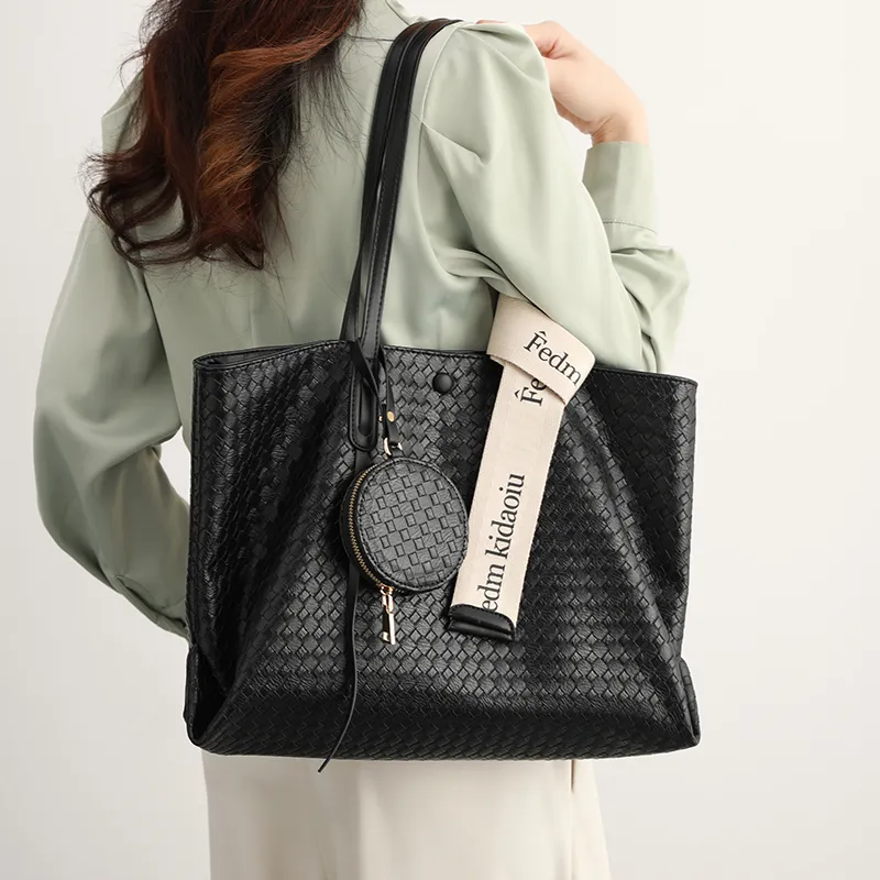 H YXIANG Microfiber Synthetic Leather Tote Bag, Shopping Bag, Shoulder Bag Women's Black-3