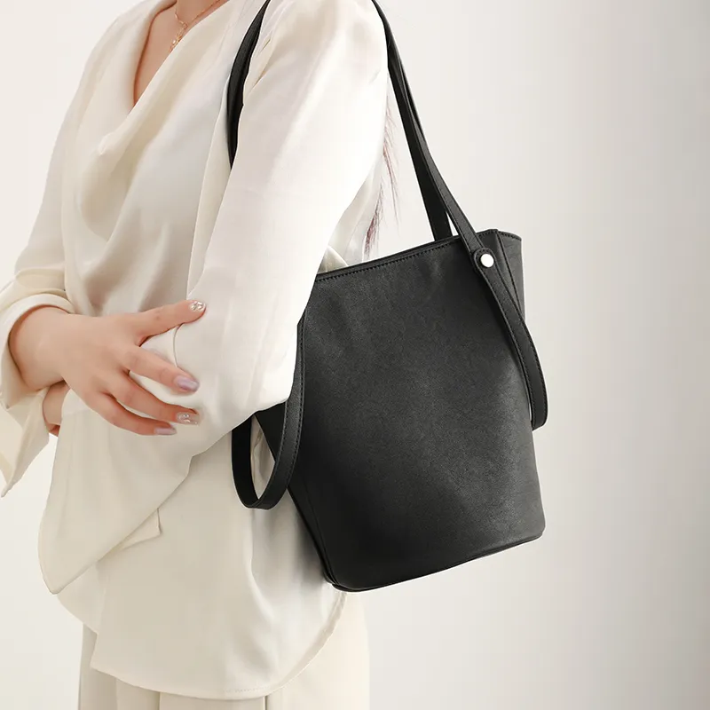 H YXIANG Microfiber Synthetic Leather Bucket Bag Handbag Women's Black-4