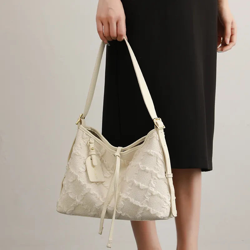 H YXIANG Microfiber Synthetic Leather Tote Bag, Shoulder Bag Women's Ecru-2