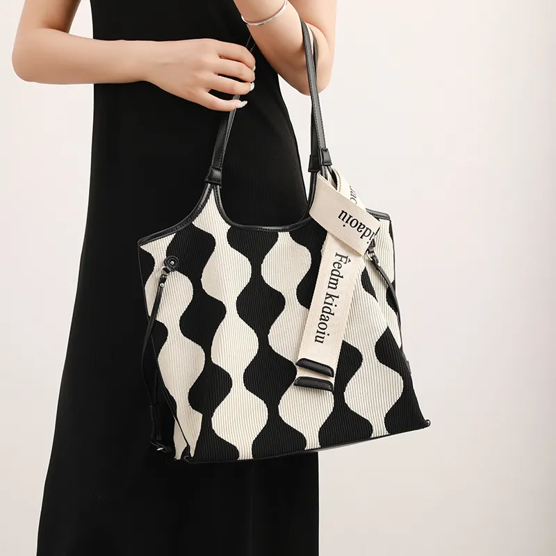 H-YXIANG Microfiber Synthetic Leather Tote Bag Shoulder Bag Women's Black White Color Blocking-3