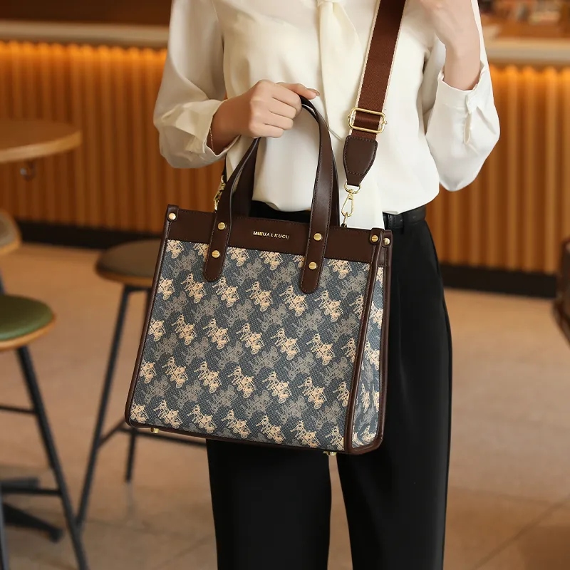 H YXIANG Microfiber Synthetic Leather Tote Bag Shopping Bag Handbag Women's Blue-2