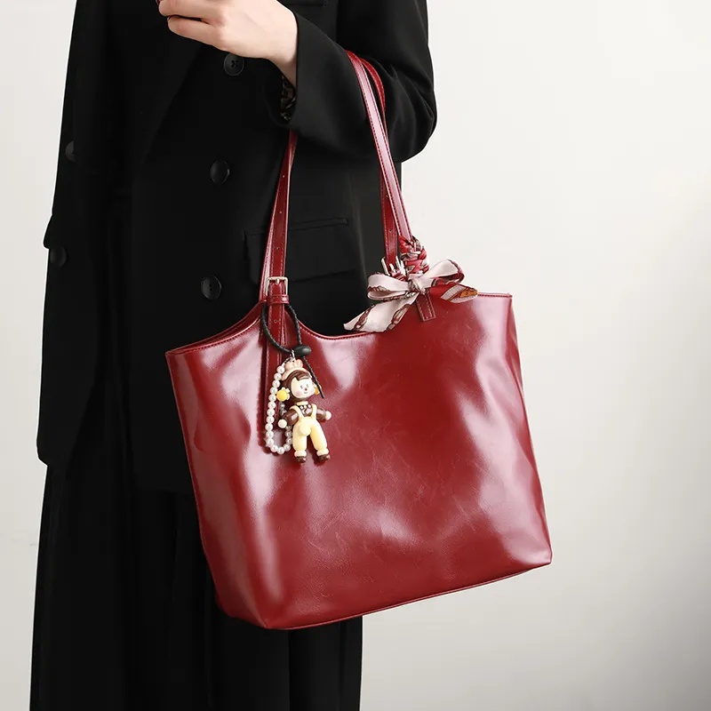 H YXIANG Microfiber Synthetic Leather Tote Bag Shoulder Bag Women's Red-6