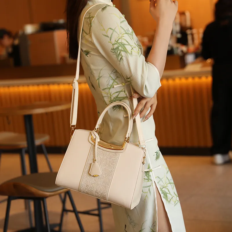 H YXIANG Microfiber Synthetic Leather Tote Bag Shopping Bag Handbag Women's Ecru-5