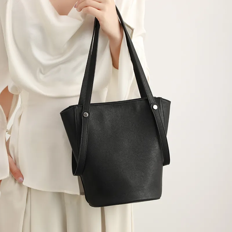 H YXIANG Microfiber Synthetic Leather Bucket Bag Handbag Women's Black-3
