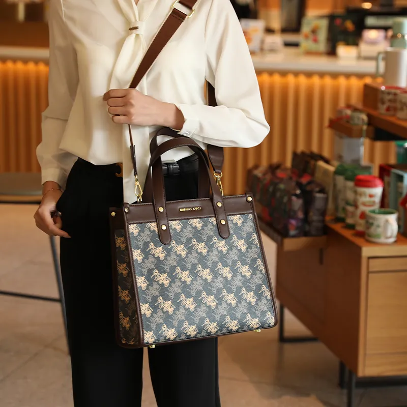 H YXIANG Microfiber Synthetic Leather Tote Bag Shopping Bag Handbag Women's Blue-1