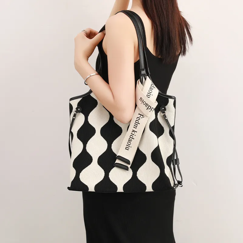 H-YXIANG Microfiber Synthetic Leather Tote Bag Shoulder Bag Women's Black White Color Blocking-2