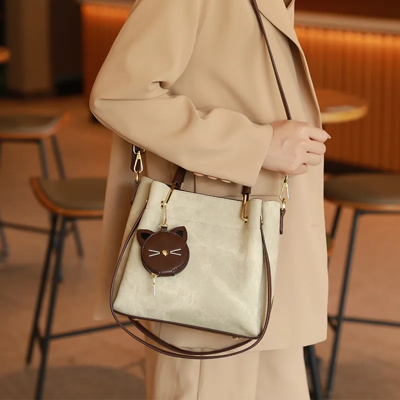 H YXIANG Microfiber Synthetic Leather Bucket Bags One Shoulder Handbags Regular Women's Ecru-2